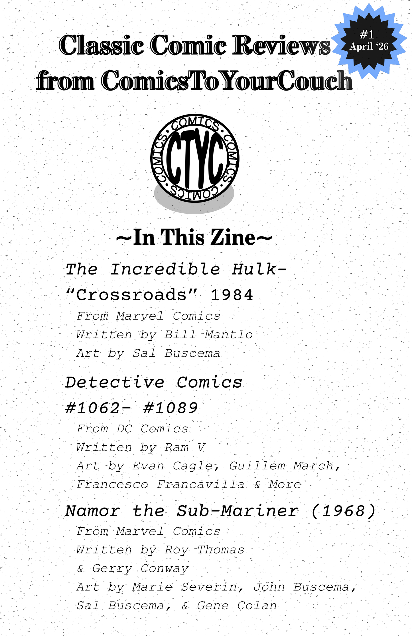 CTYC Classic Comic Review Zine #1- April 2026